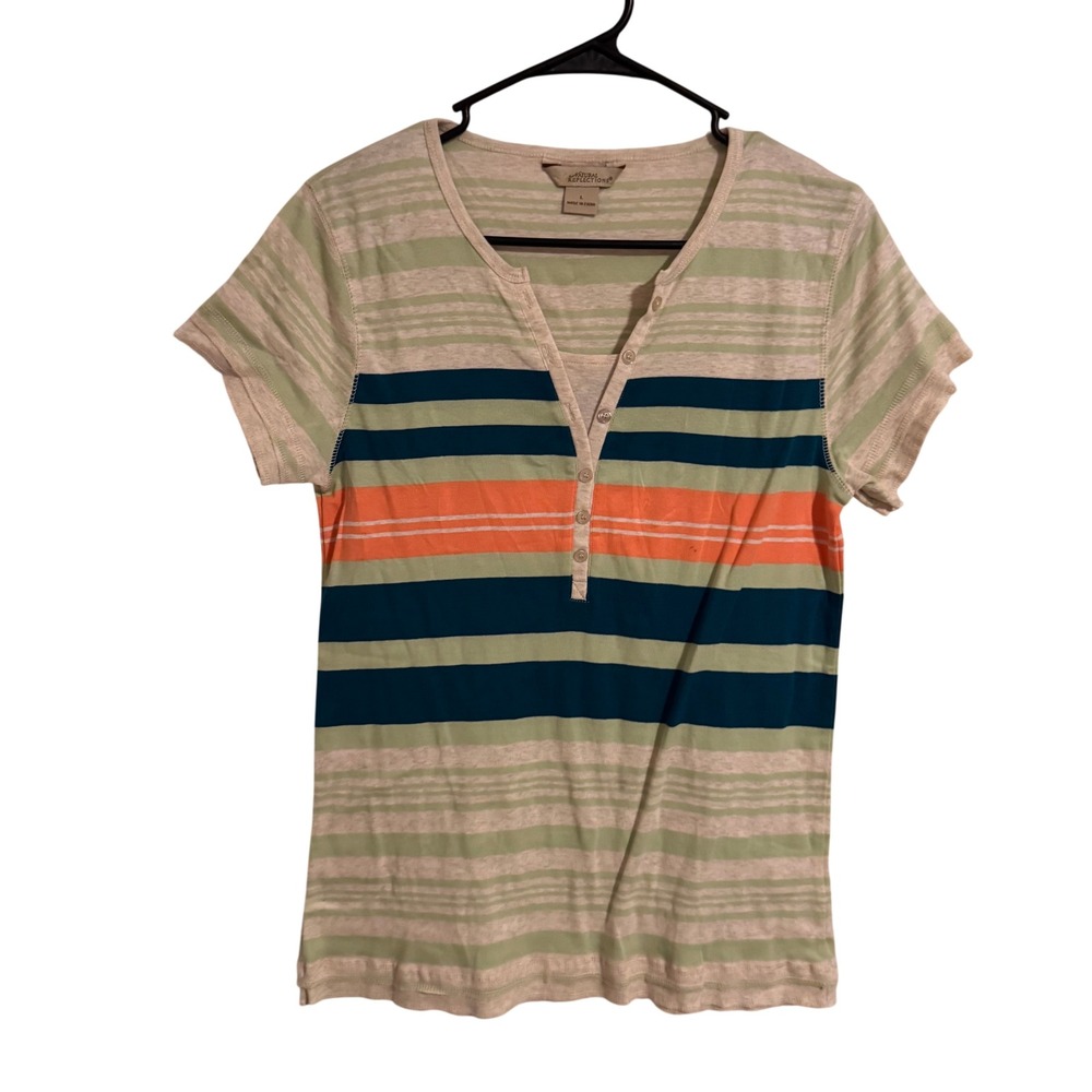 Natural Reflections Womens Green Blue Orange Striped Short Sleeve Henley Top L
